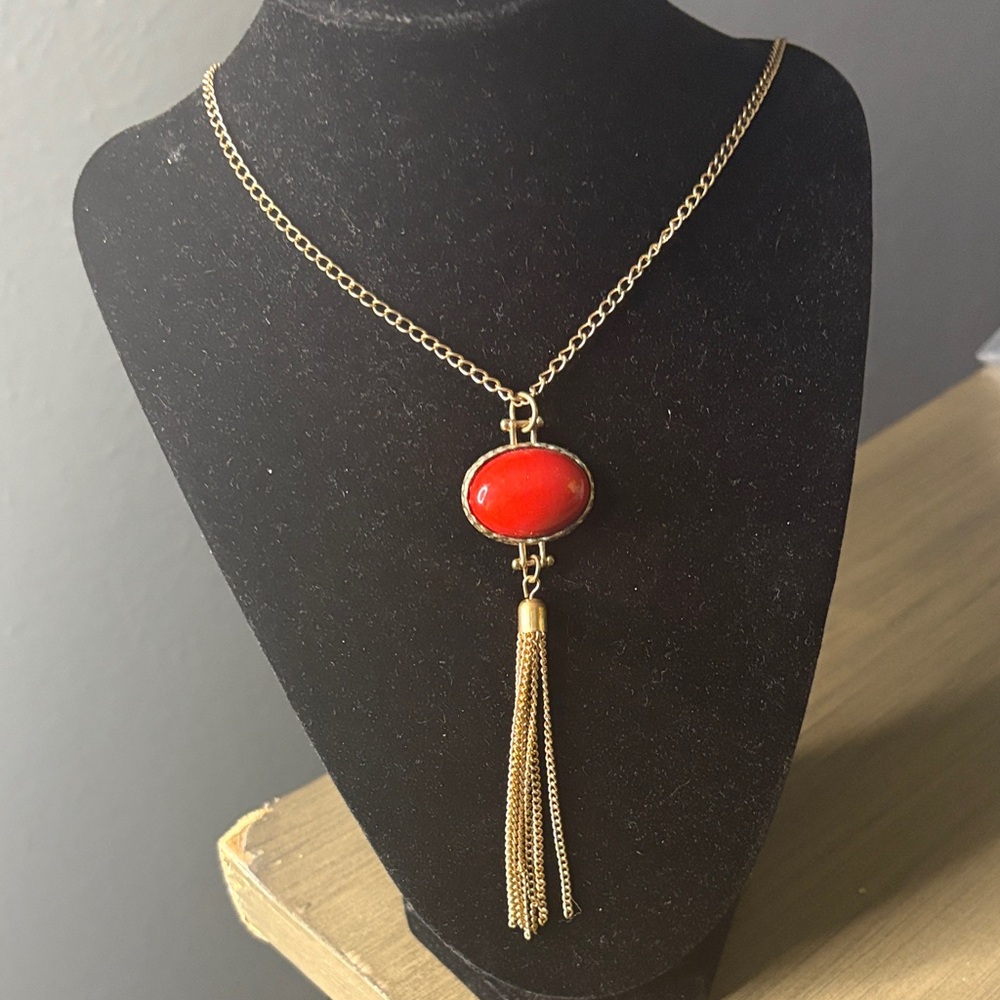 Gold Long Chain Necklace with Red Stone and Tassel
